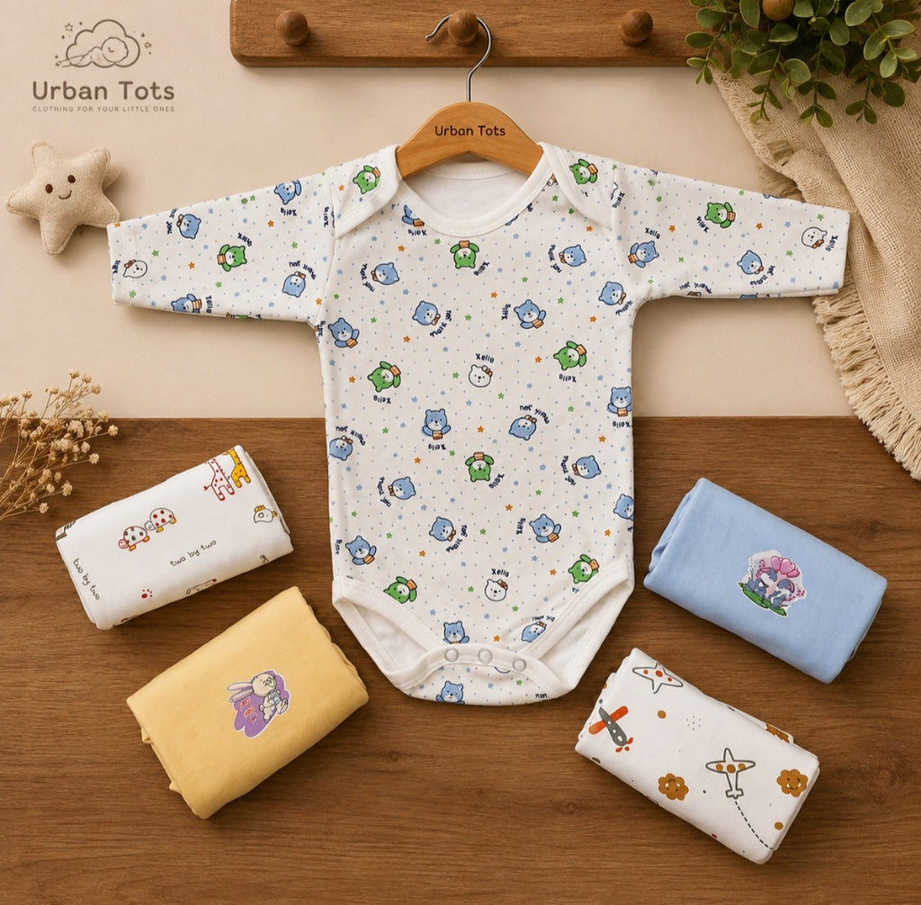 Tiny Toon Baby Bodysuits – Soft Cotton Essentials (Pack of 5 | 0–3 Months)